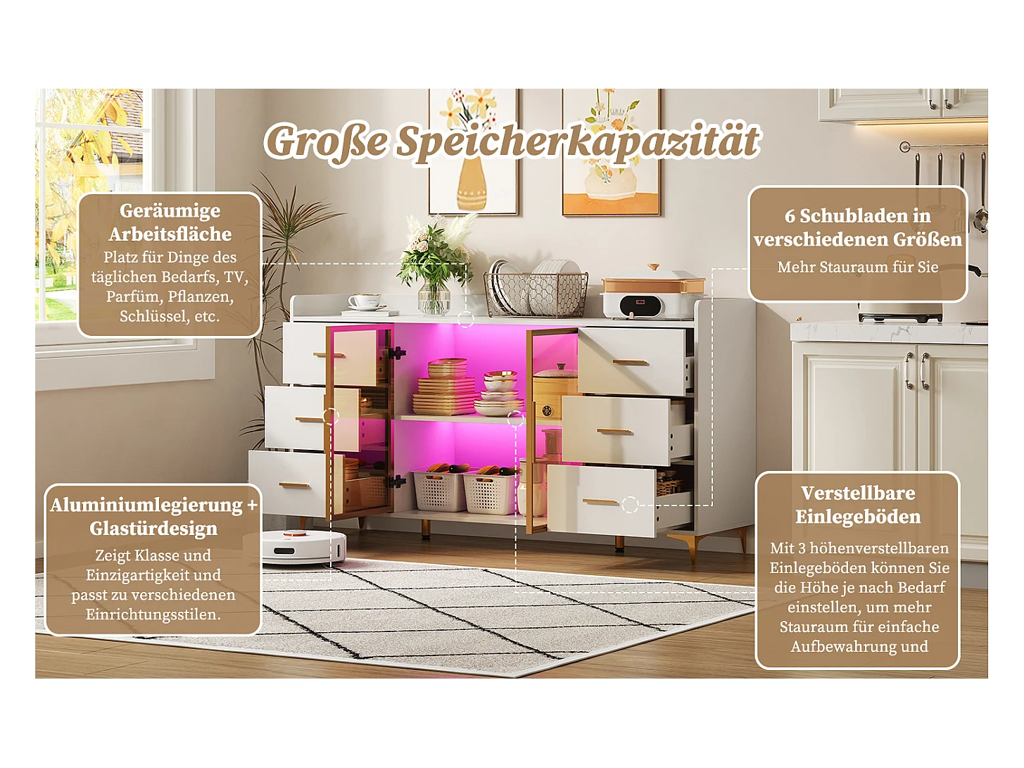 Modern dressoir met 6 lades en op afstand bedienbare ledverlichting, deuren van gehard glas, handgrepen van goudkleurig metaal (160x44x87 cm)