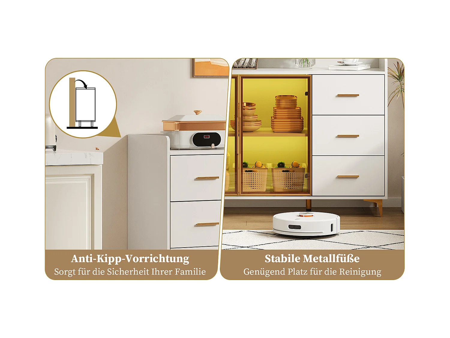 Modern dressoir met 6 lades en op afstand bedienbare ledverlichting, deuren van gehard glas, handgrepen van goudkleurig metaal (160x44x87 cm)