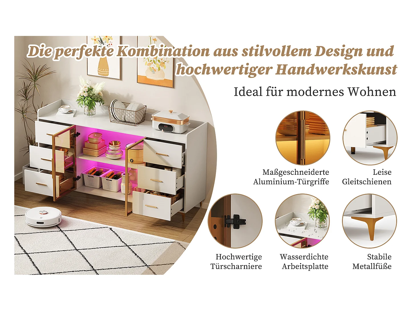 Modern dressoir met 6 lades en op afstand bedienbare ledverlichting, deuren van gehard glas, handgrepen van goudkleurig metaal (160x44x87 cm)