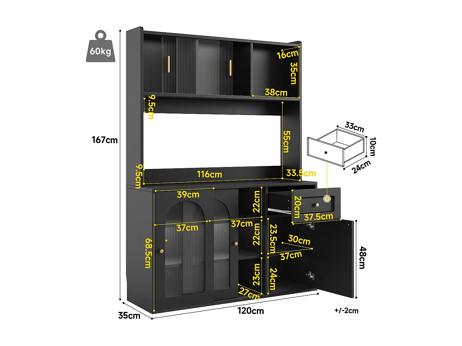 Buffetschrank avec LED, 3 tiroirs, étagères réglables, MDF, noir (120x35x167 cm)