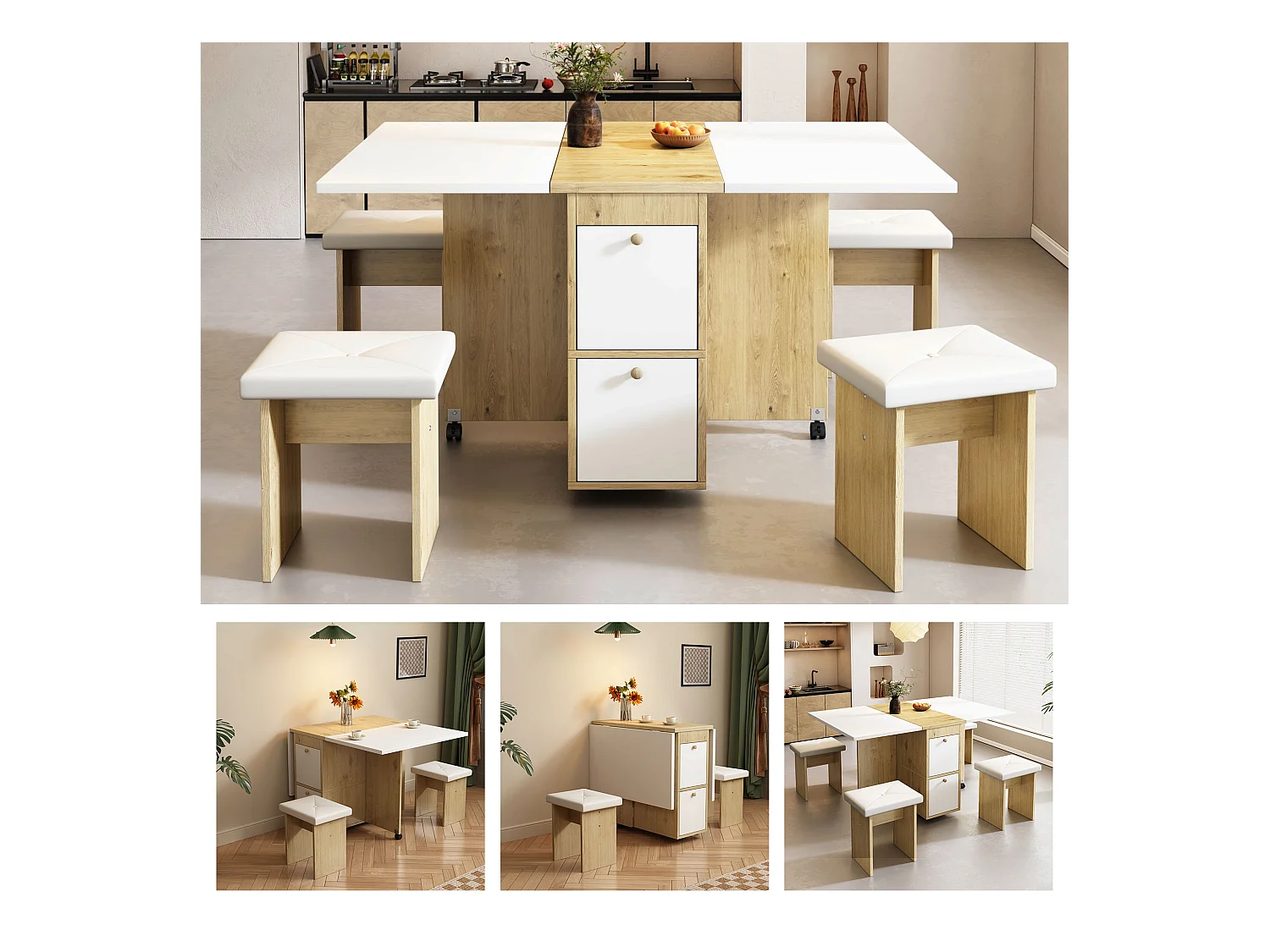 Set de table à manger avec 4 chaises, table pliante et extensible, Bois aggloméré, Blanc + Chêne, (120x80x75 cm)