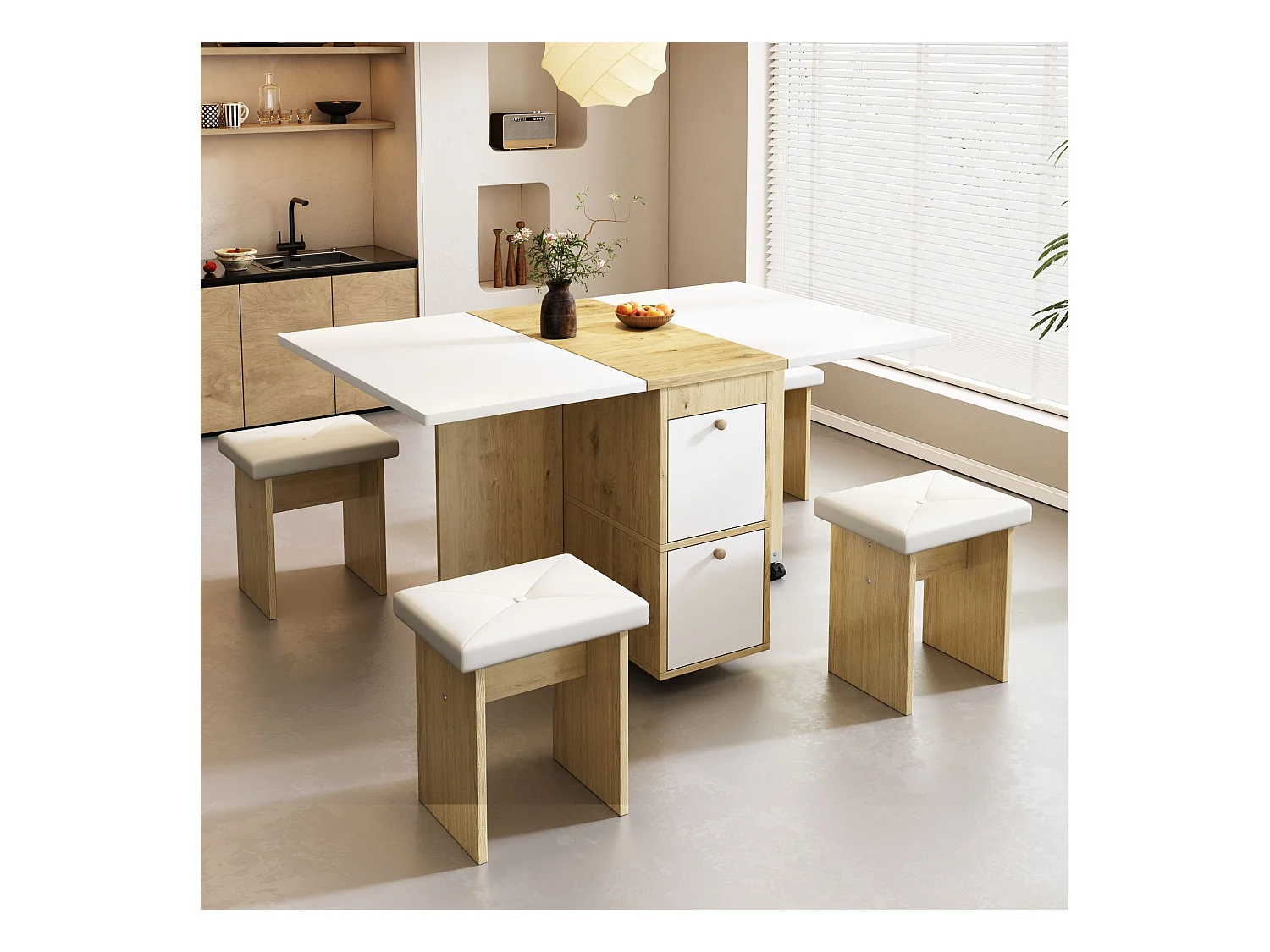 Set de table à manger avec 4 chaises, table pliante et extensible, Bois aggloméré, Blanc + Chêne, (120x80x75 cm)