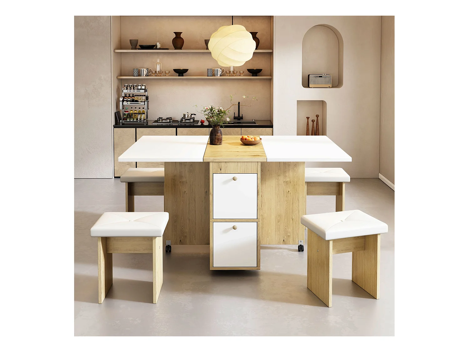 Set de table à manger avec 4 chaises, table pliante et extensible, Bois aggloméré, Blanc + Chêne, (120x80x75 cm)