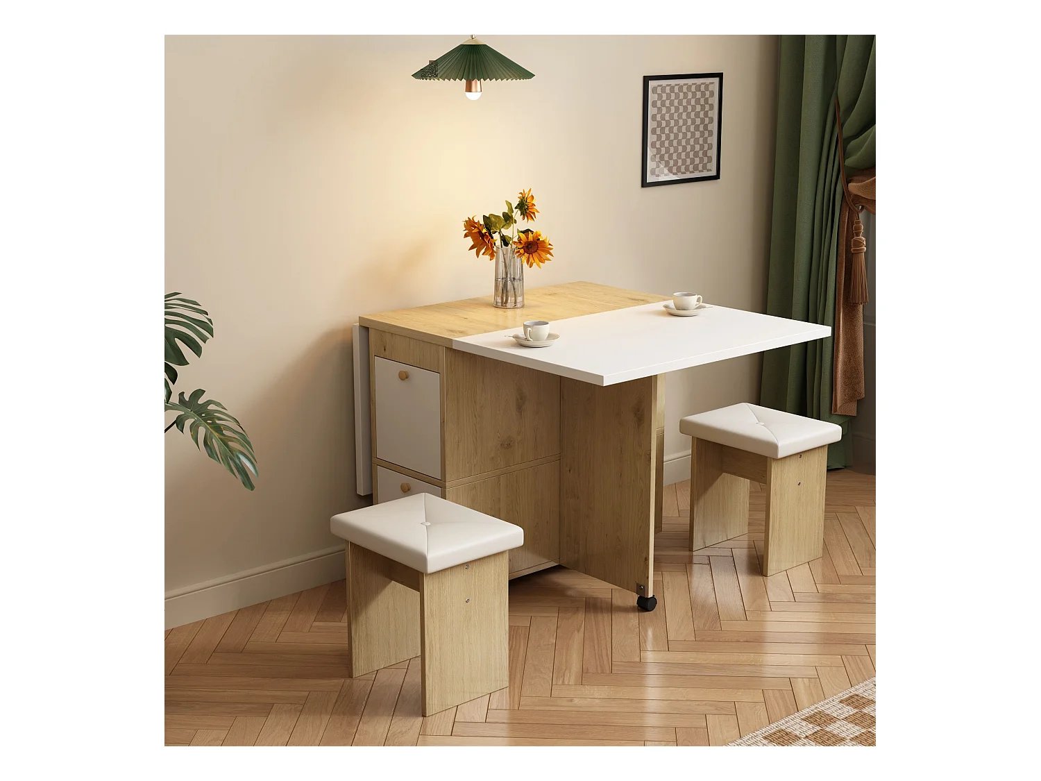 Set de table à manger avec 4 chaises, table pliante et extensible, Bois aggloméré, Blanc + Chêne, (120x80x75 cm)