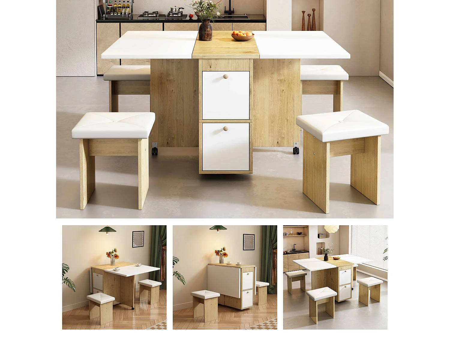 Set de table à manger avec 4 chaises, table pliante et extensible, Bois aggloméré, Blanc + Chêne, (120x80x75 cm)