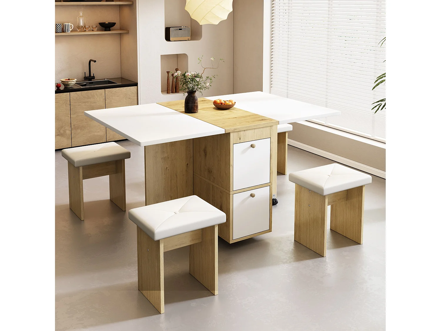 Set de table à manger avec 4 chaises, table pliante et extensible, Bois aggloméré, Blanc + Chêne, (120x80x75 cm)