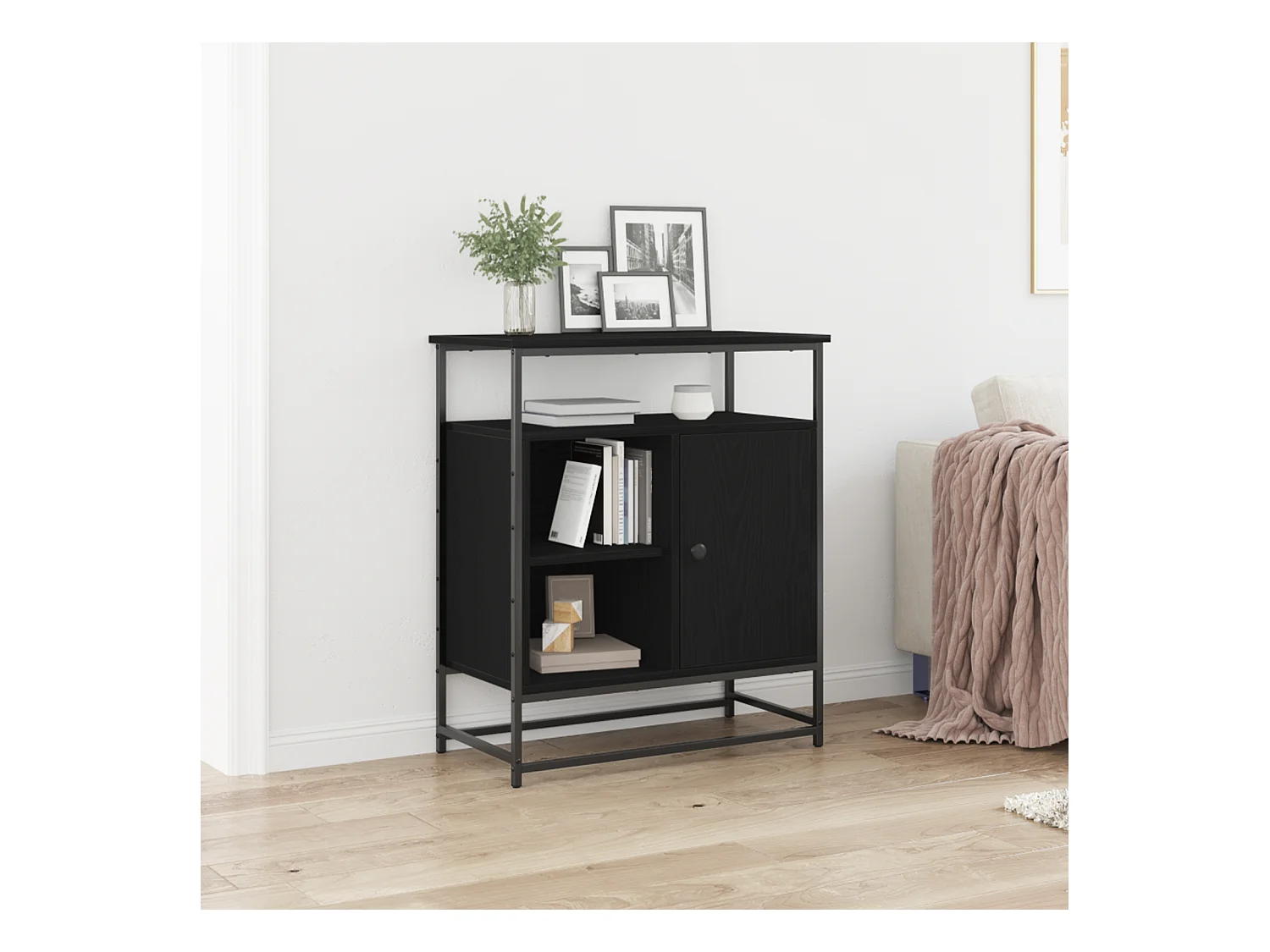 Buffet Noir Chêne 69x35x80 cm Bois d'ingénierie et Acier