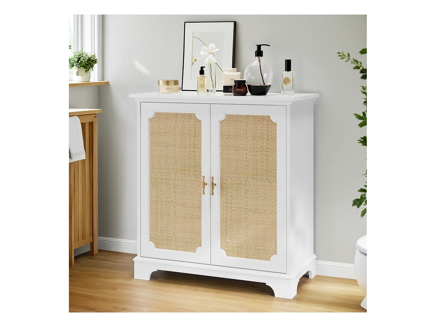 Buffet avec portes en rattan, meuble de rangement, MDF, blanc (80x38x86 cm)