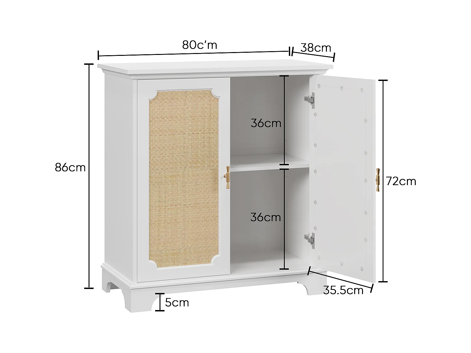 Buffet avec portes en rattan, meuble de rangement, MDF, blanc (80x38x86 cm)