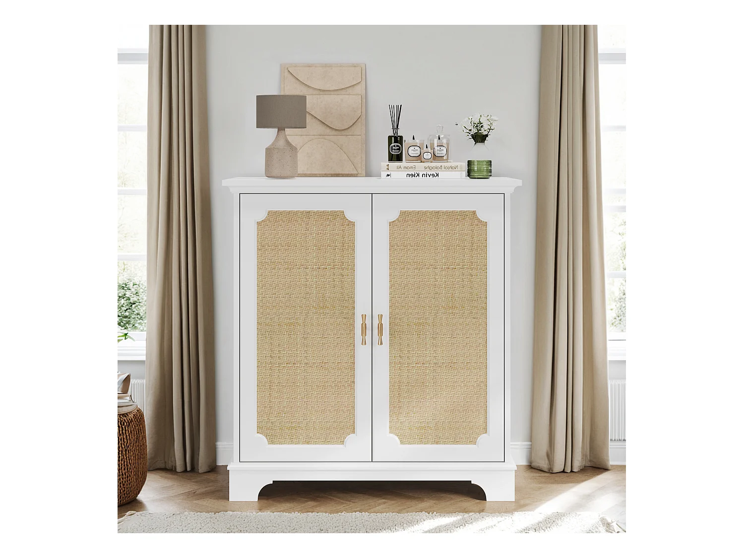 Buffet avec portes en rattan, meuble de rangement, MDF, blanc (80x38x86 cm)