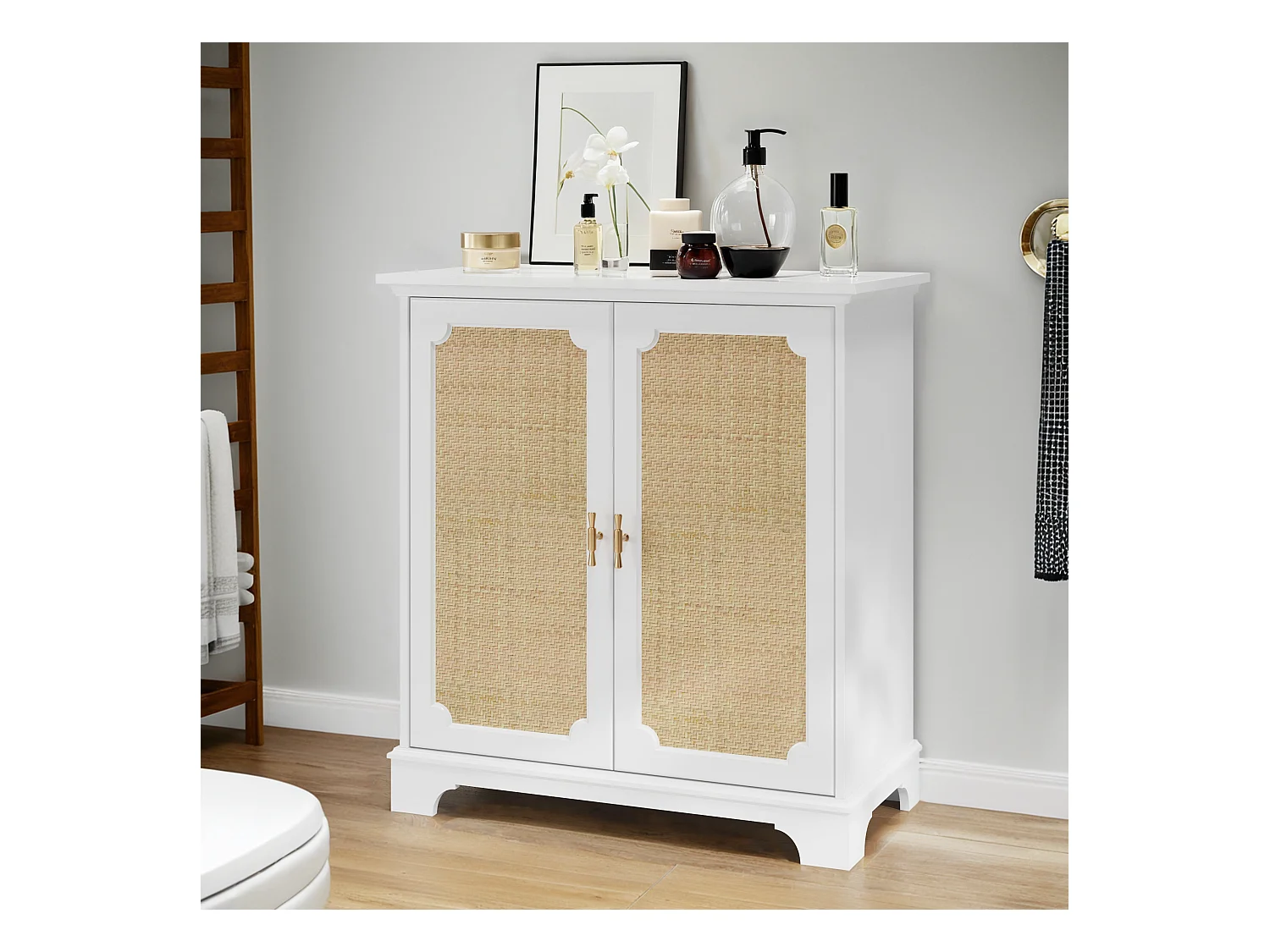 Buffet avec portes en rattan, meuble de rangement, MDF, blanc (80x38x86 cm)