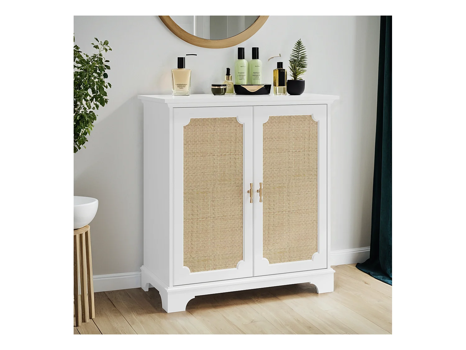 Buffet avec portes en rattan, meuble de rangement, MDF, blanc (80x38x86 cm)