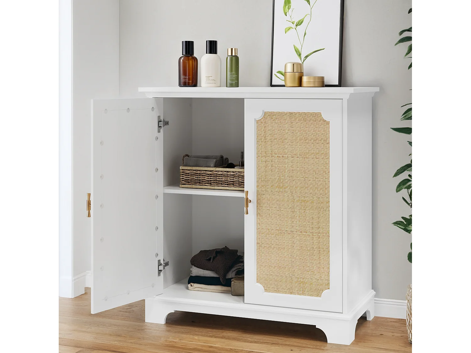 Buffet avec portes en rattan, meuble de rangement, MDF, blanc (80x38x86 cm)