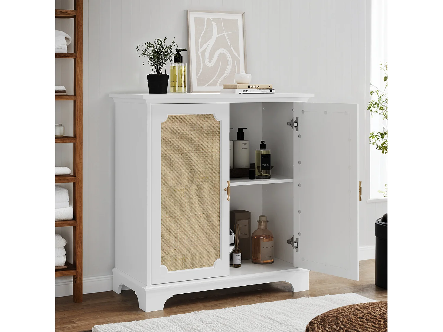 Buffet avec portes en rattan, meuble de rangement, MDF, blanc (80x38x86 cm)