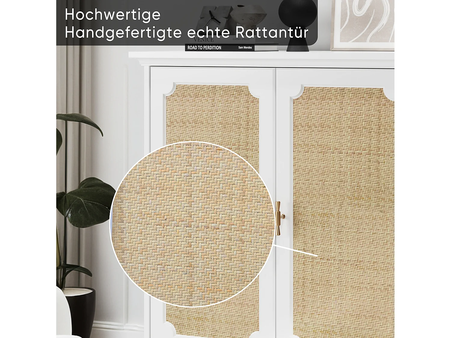 Buffet avec portes en rattan, meuble de rangement, MDF, blanc (80x38x86 cm)