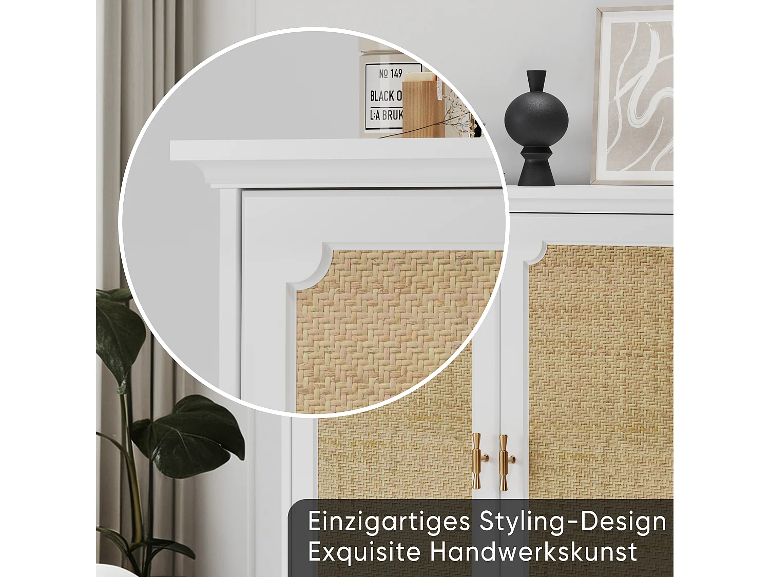 Buffet avec portes en rattan, meuble de rangement, MDF, blanc (80x38x86 cm)