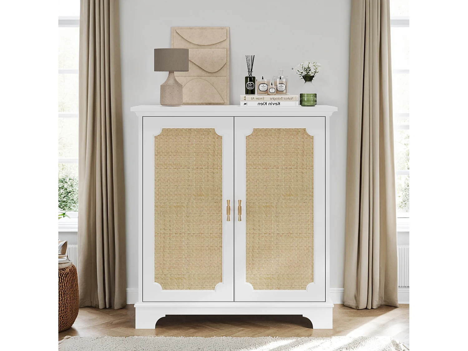 Buffet avec portes en rattan, meuble de rangement, MDF, blanc (80x38x86 cm)