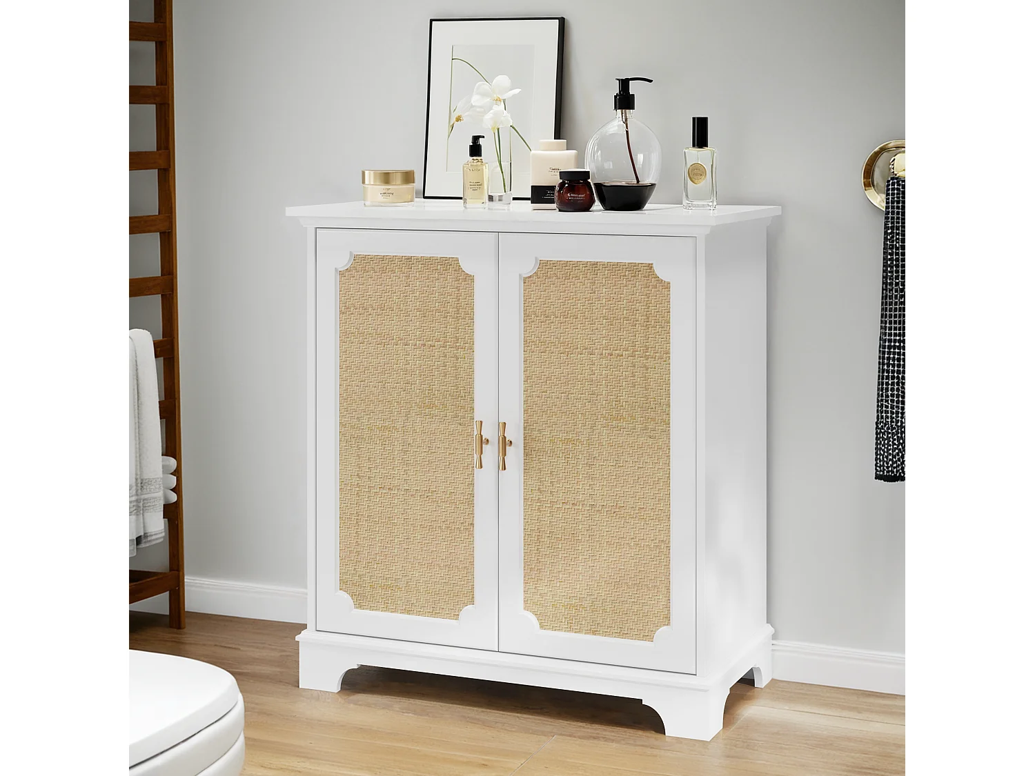 Buffet avec portes en rattan, meuble de rangement, MDF, blanc (80x38x86 cm)