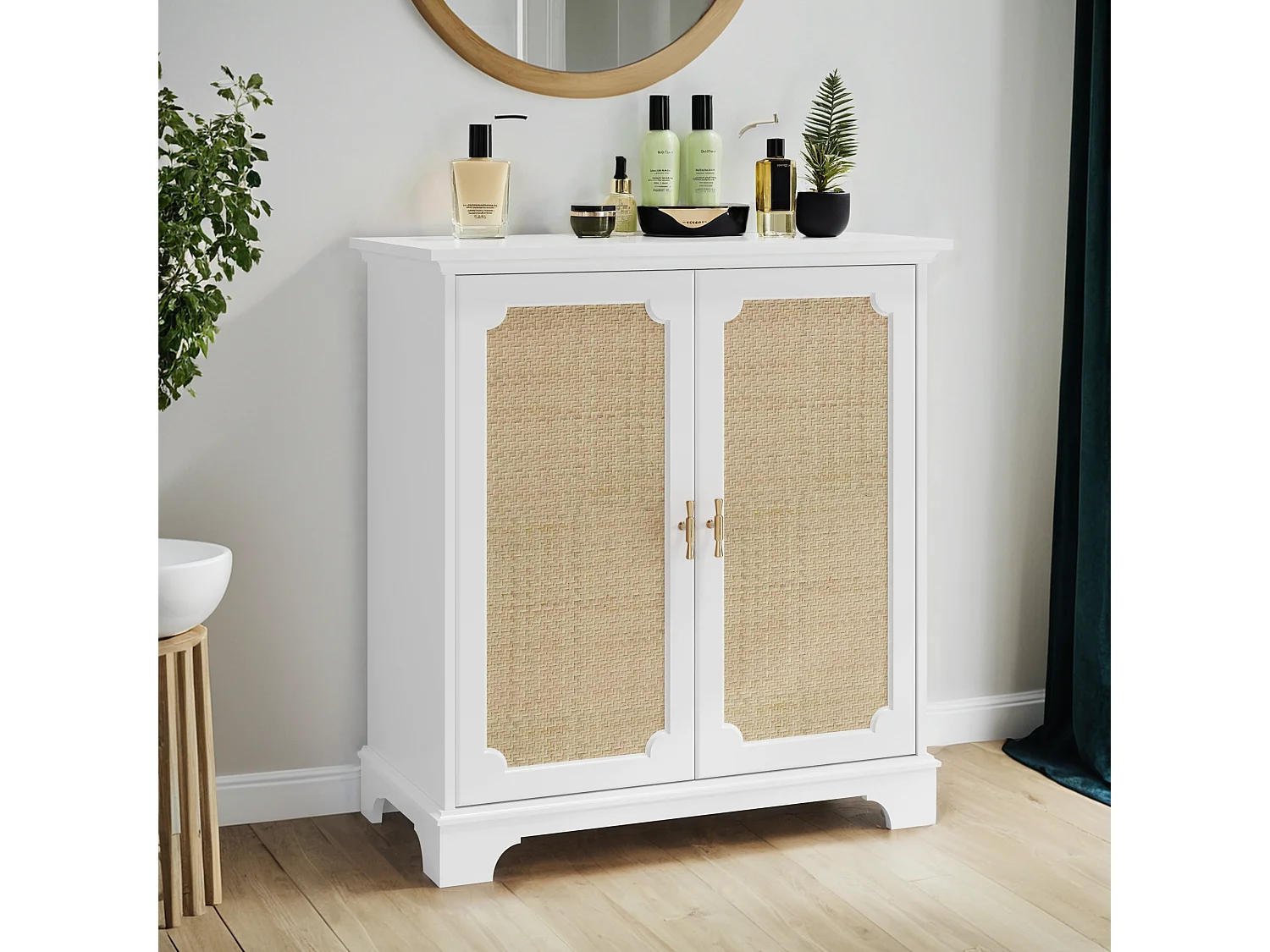 Buffet avec portes en rattan, meuble de rangement, MDF, blanc (80x38x86 cm)