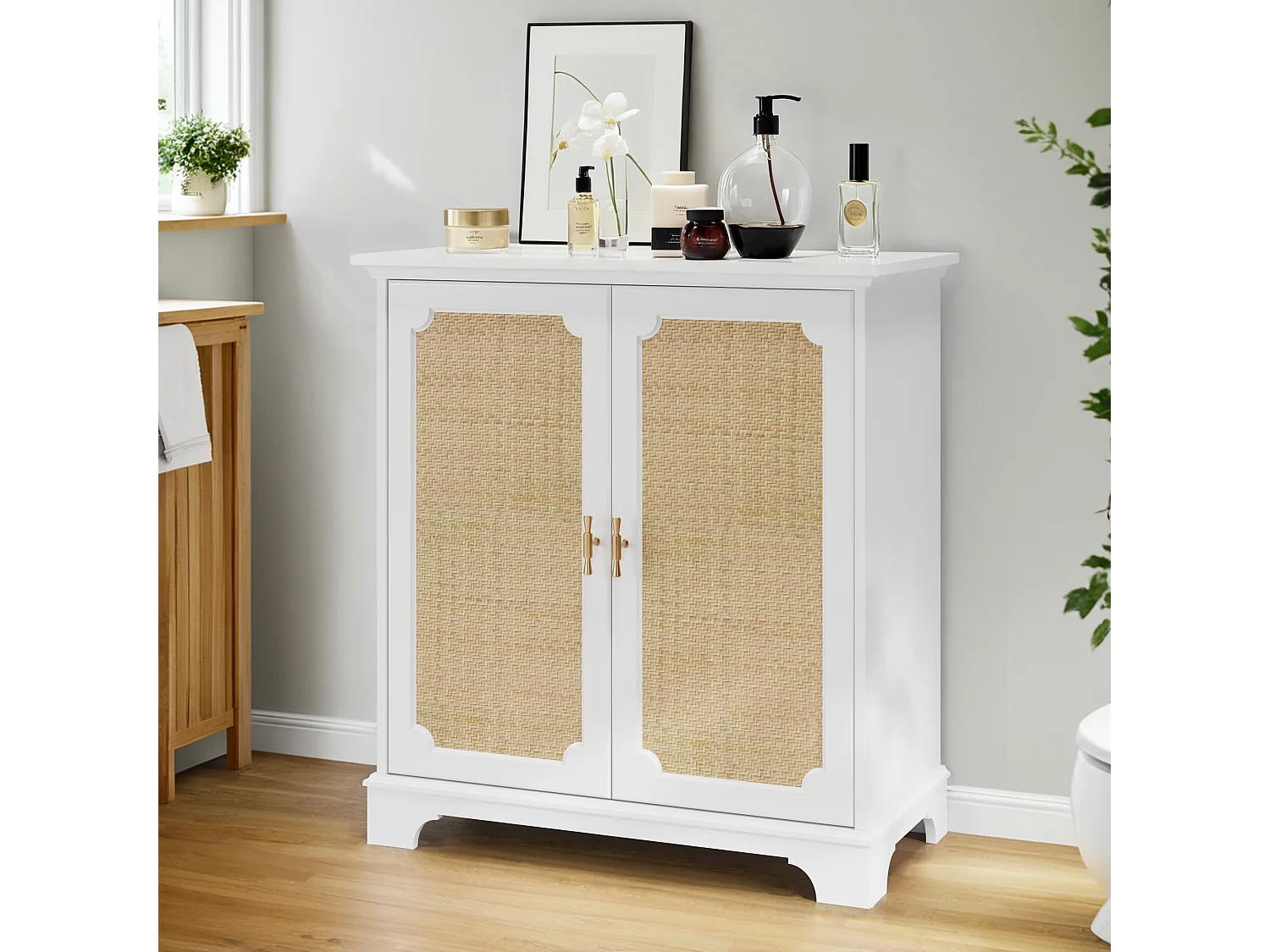Buffet avec portes en rattan, meuble de rangement, MDF, blanc (80x38x86 cm)
