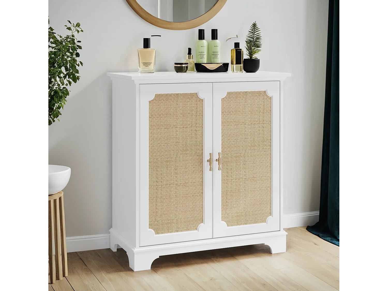 Buffet avec portes en rattan, meuble de rangement, MDF, blanc (80x38x86 cm)