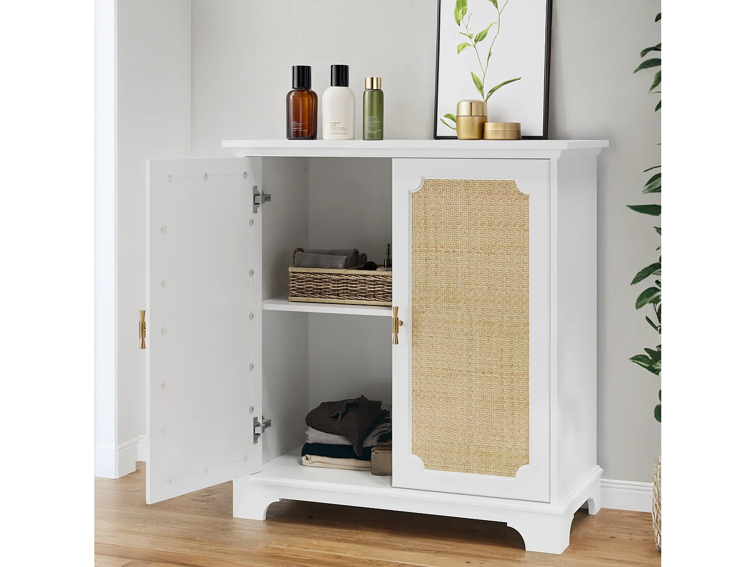 Buffet avec portes en rattan, meuble de rangement, MDF, blanc (80x38x86 cm)