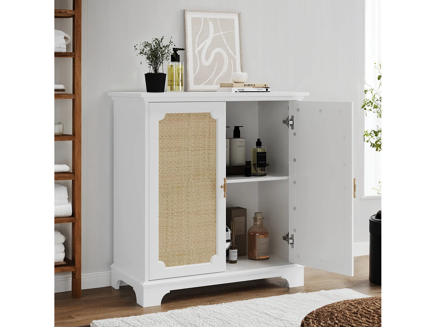 Buffet avec portes en rattan, meuble de rangement, MDF, blanc (80x38x86 cm)