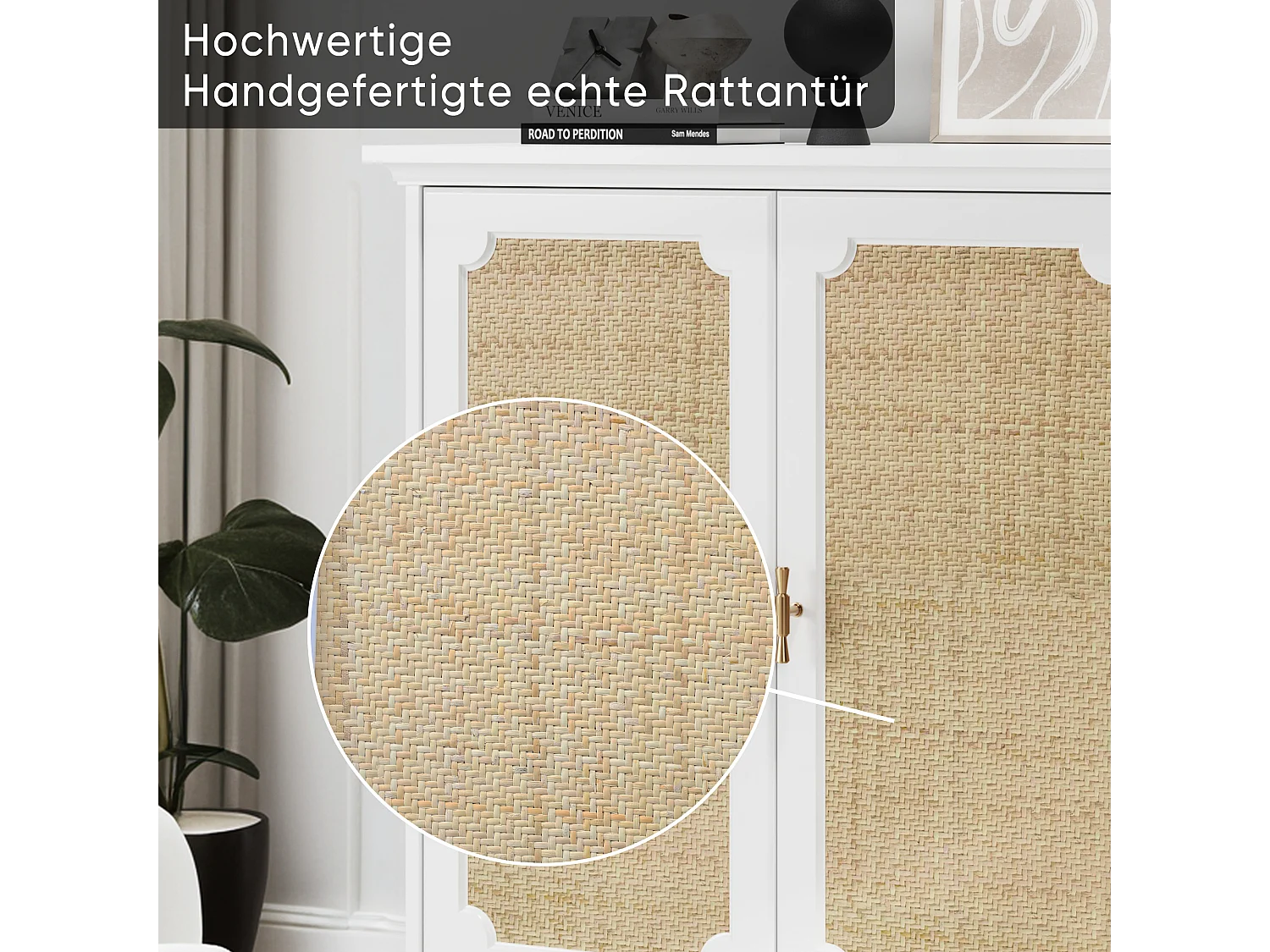 Buffet avec portes en rattan, meuble de rangement, MDF, blanc (80x38x86 cm)