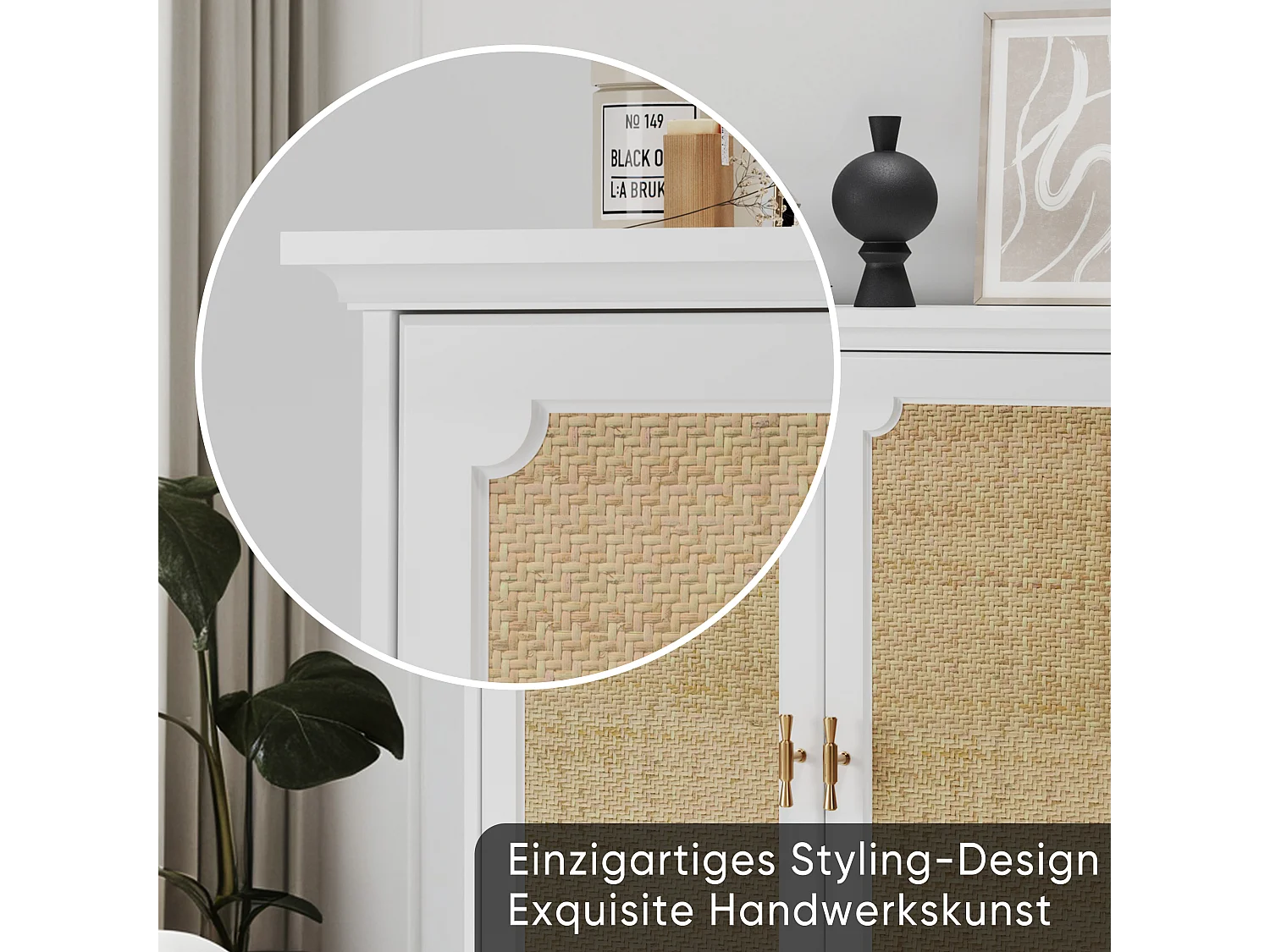 Buffet avec portes en rattan, meuble de rangement, MDF, blanc (80x38x86 cm)