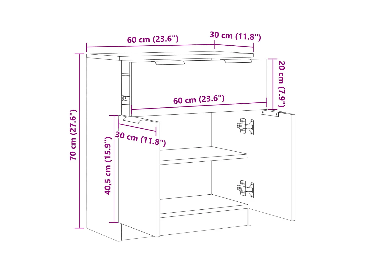 Oud houten dressoir 60x30x70 cm bewerkt hout