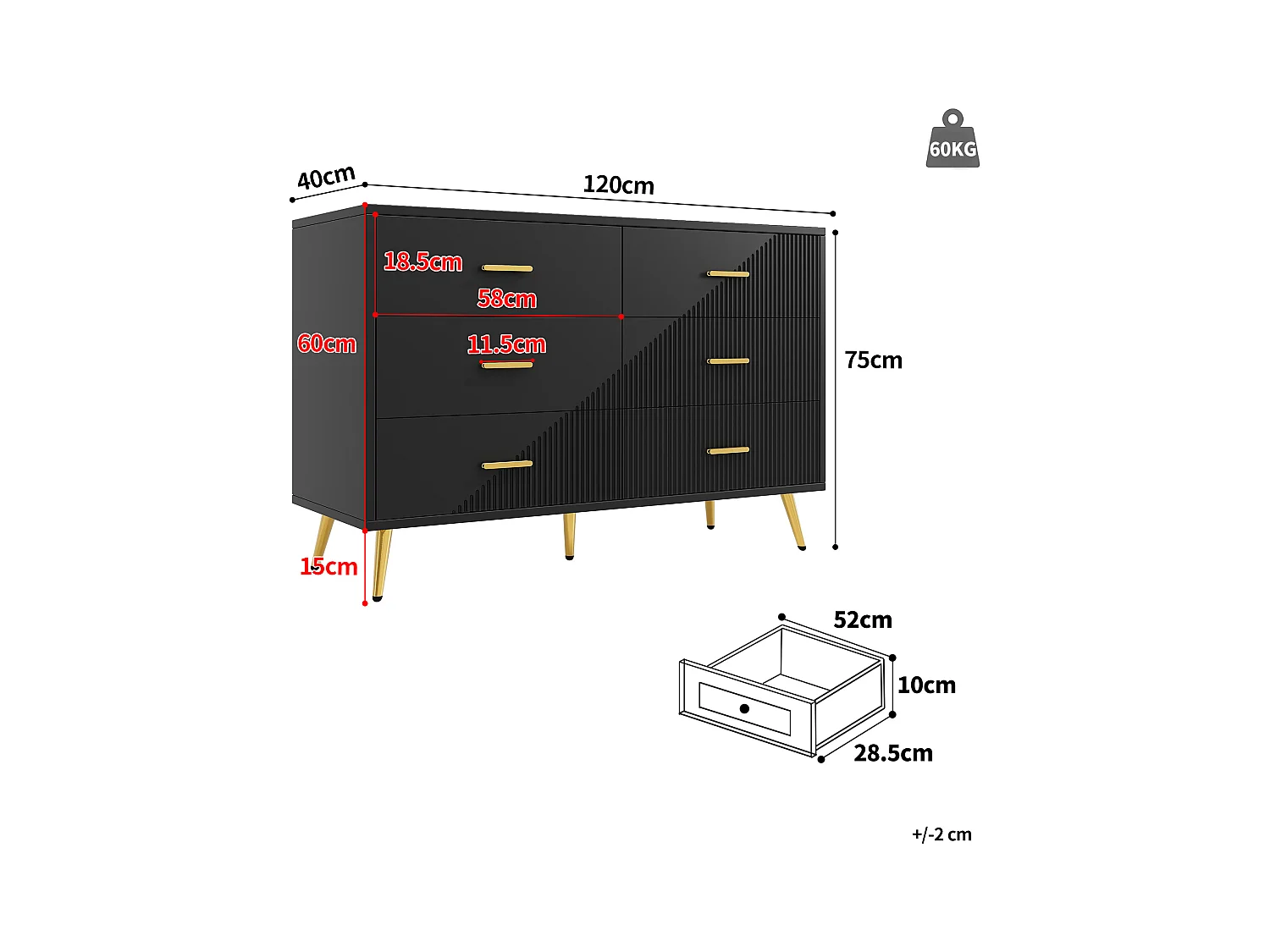Commode à tiroirs, design moderne, MDF, noir (120x40x75 cm)