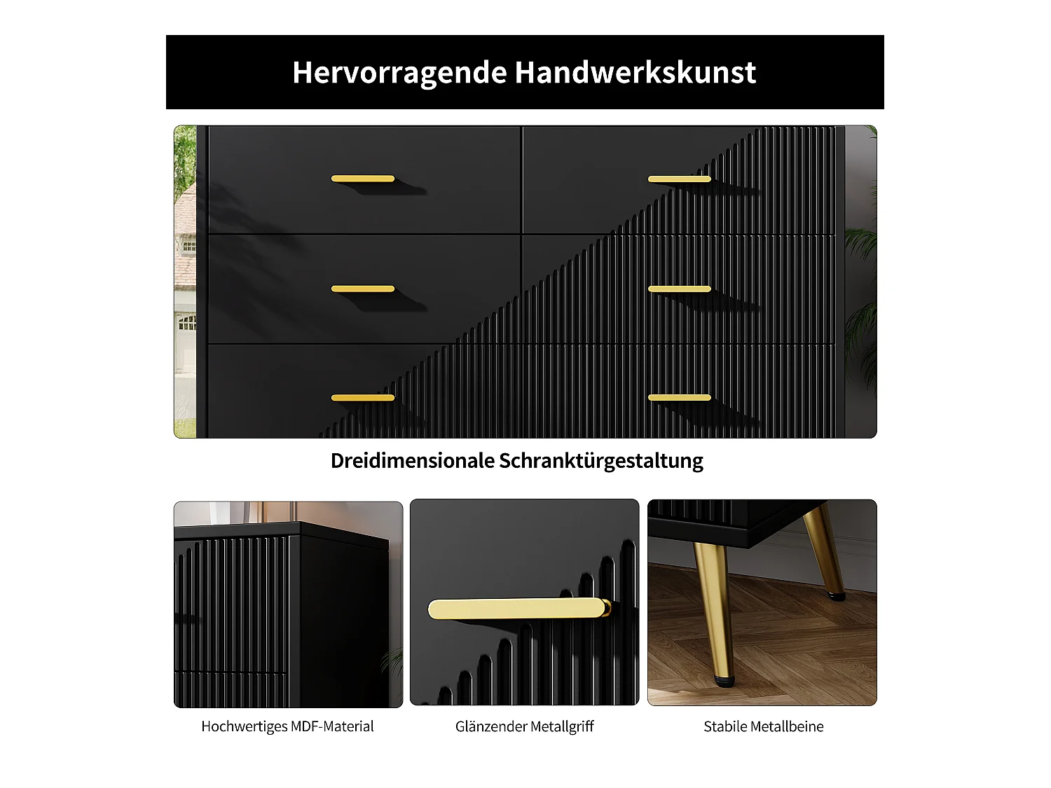 Commode à tiroirs, design moderne, MDF, noir (120x40x75 cm)