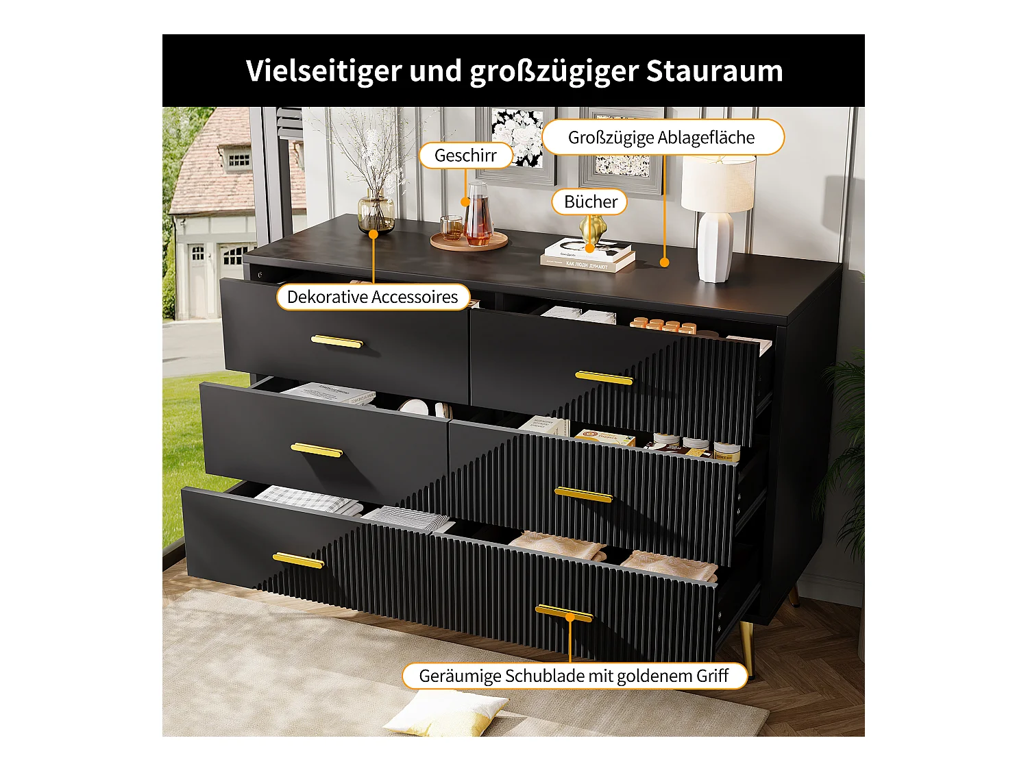 Commode à tiroirs, design moderne, MDF, noir (120x40x75 cm)