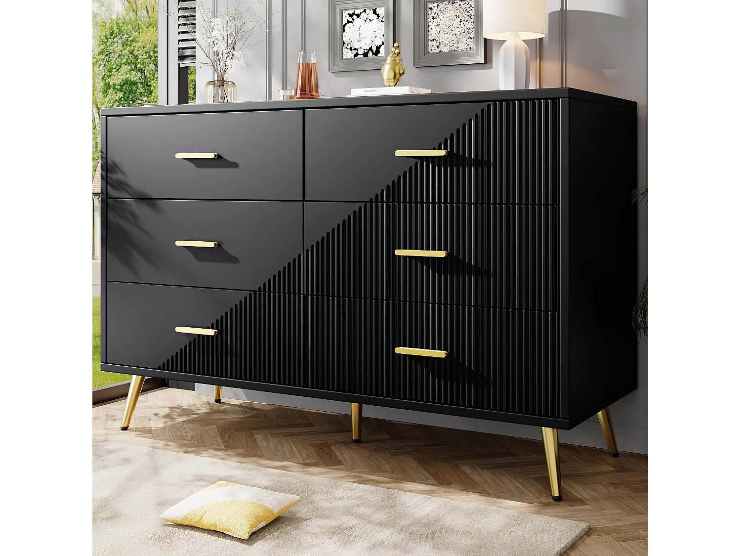 Cómoda de tiroirs, diseño moderno, MDF, negro (120x40x75 cm)