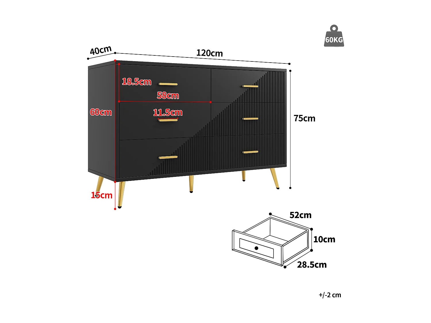 Cómoda de tiroirs, diseño moderno, MDF, negro (120x40x75 cm)