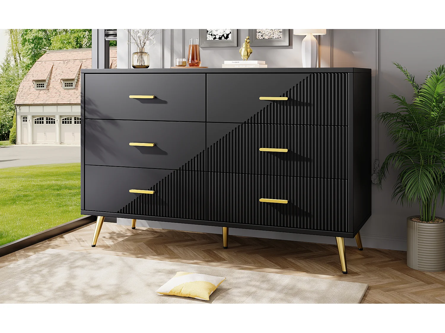 Cómoda de tiroirs, diseño moderno, MDF, negro (120x40x75 cm)