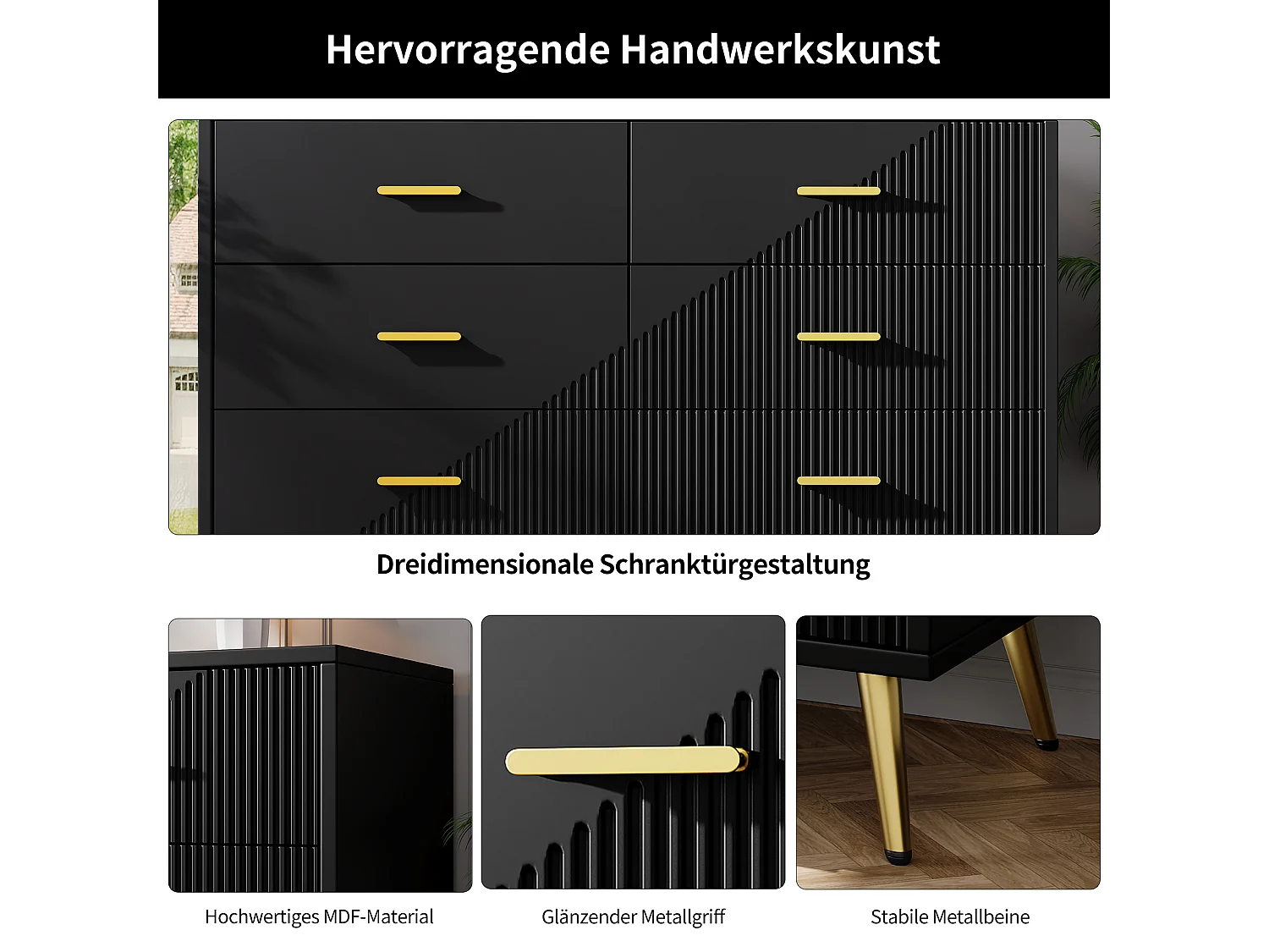 Cómoda de tiroirs, diseño moderno, MDF, negro (120x40x75 cm)