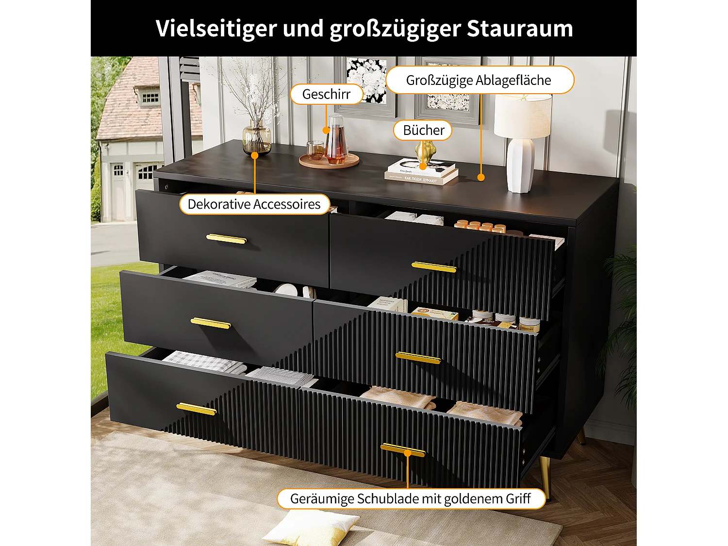 Cómoda de tiroirs, diseño moderno, MDF, negro (120x40x75 cm)