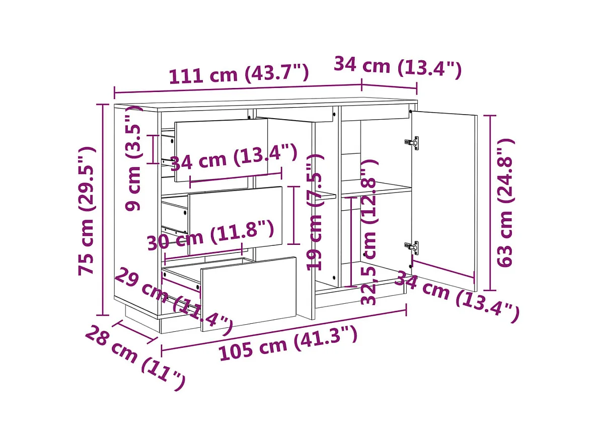 Buffet Blanc 111x34x75 cm Bois massif de pin