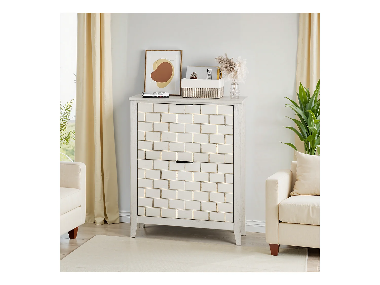 Buffet vintage avec 2 tiroirs, MDF, blanc (80x24x97.5 cm)