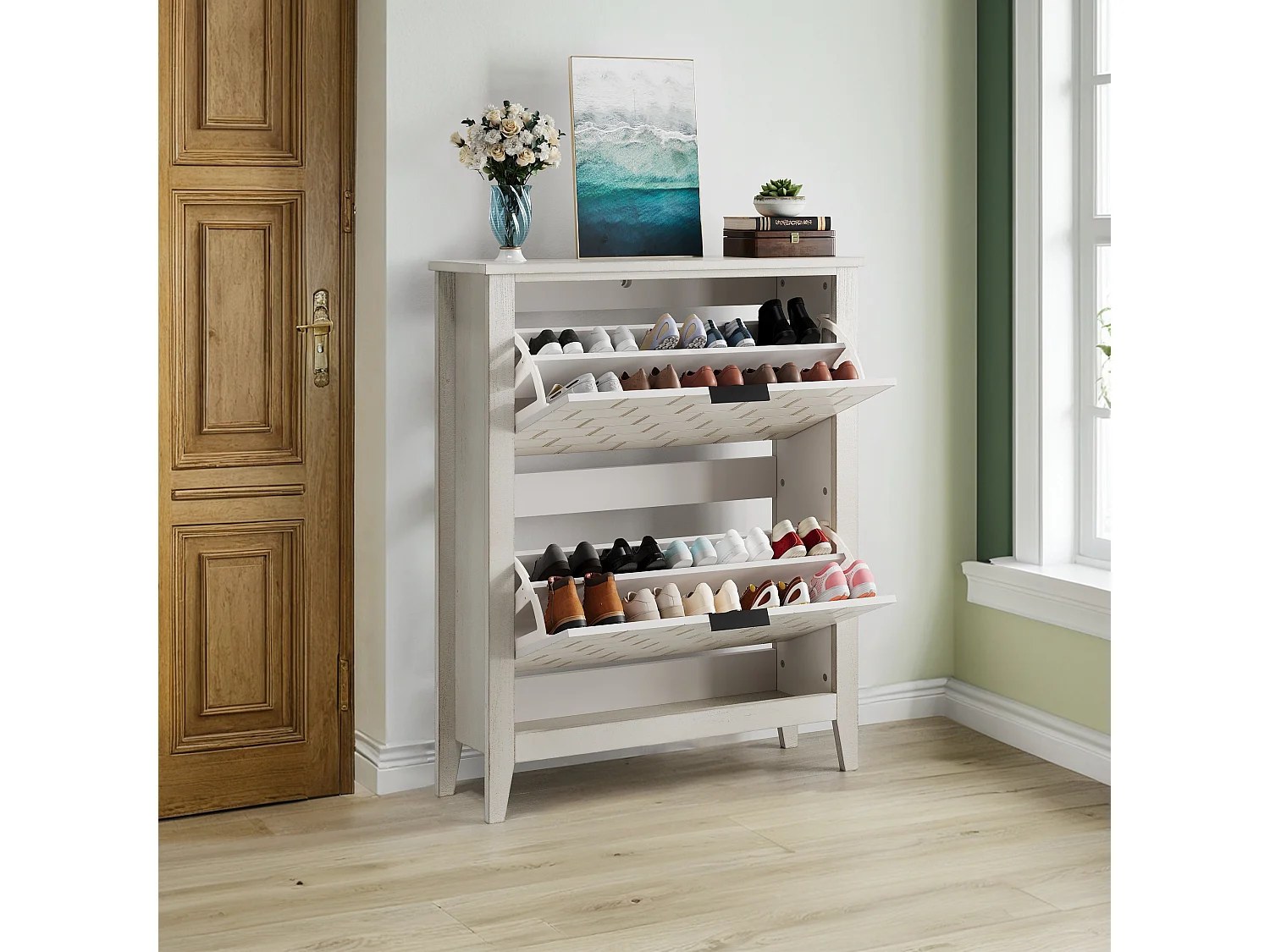 Buffet vintage avec 2 tiroirs, MDF, blanc (80x24x97.5 cm)