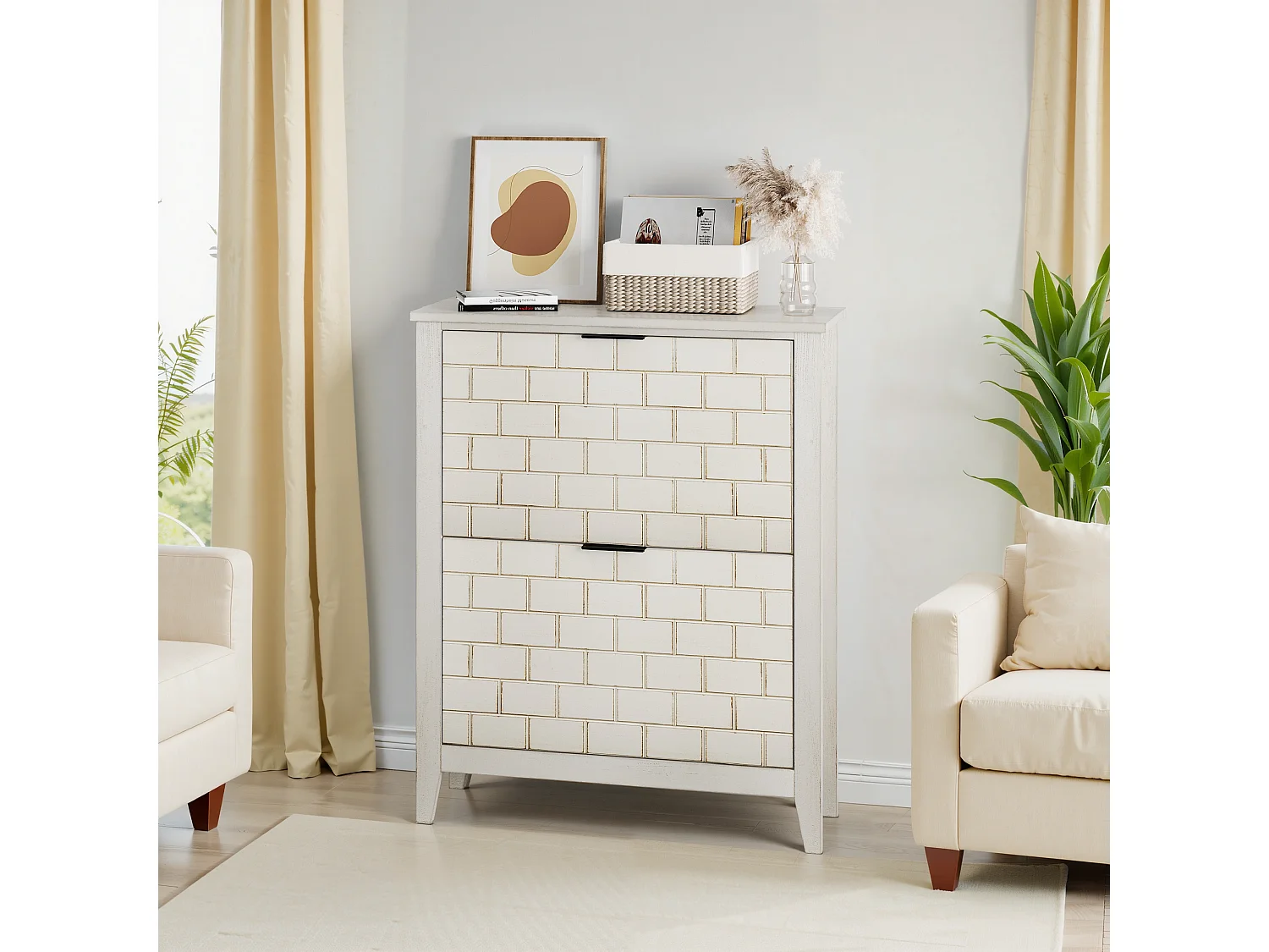 Buffet vintage avec 2 tiroirs, MDF, blanc (80x24x97.5 cm)