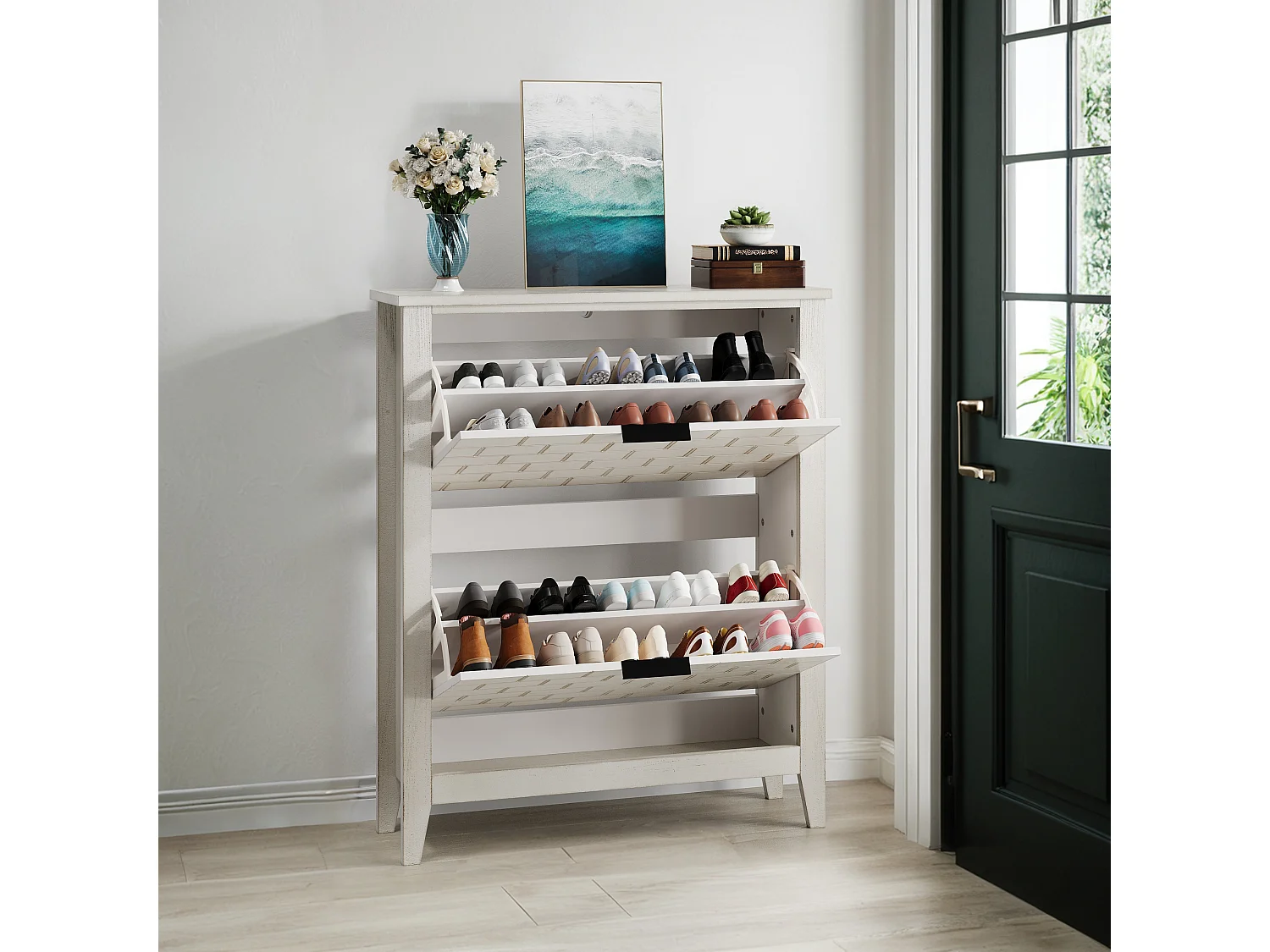 Buffet vintage avec 2 tiroirs, MDF, blanc (80x24x97.5 cm)