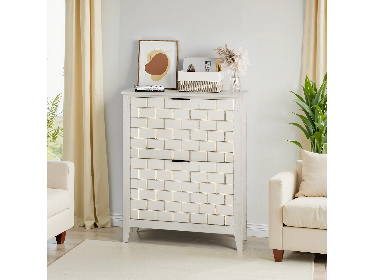 Buffet vintage avec 2 tiroirs, MDF, blanc (80x24x97.5 cm)