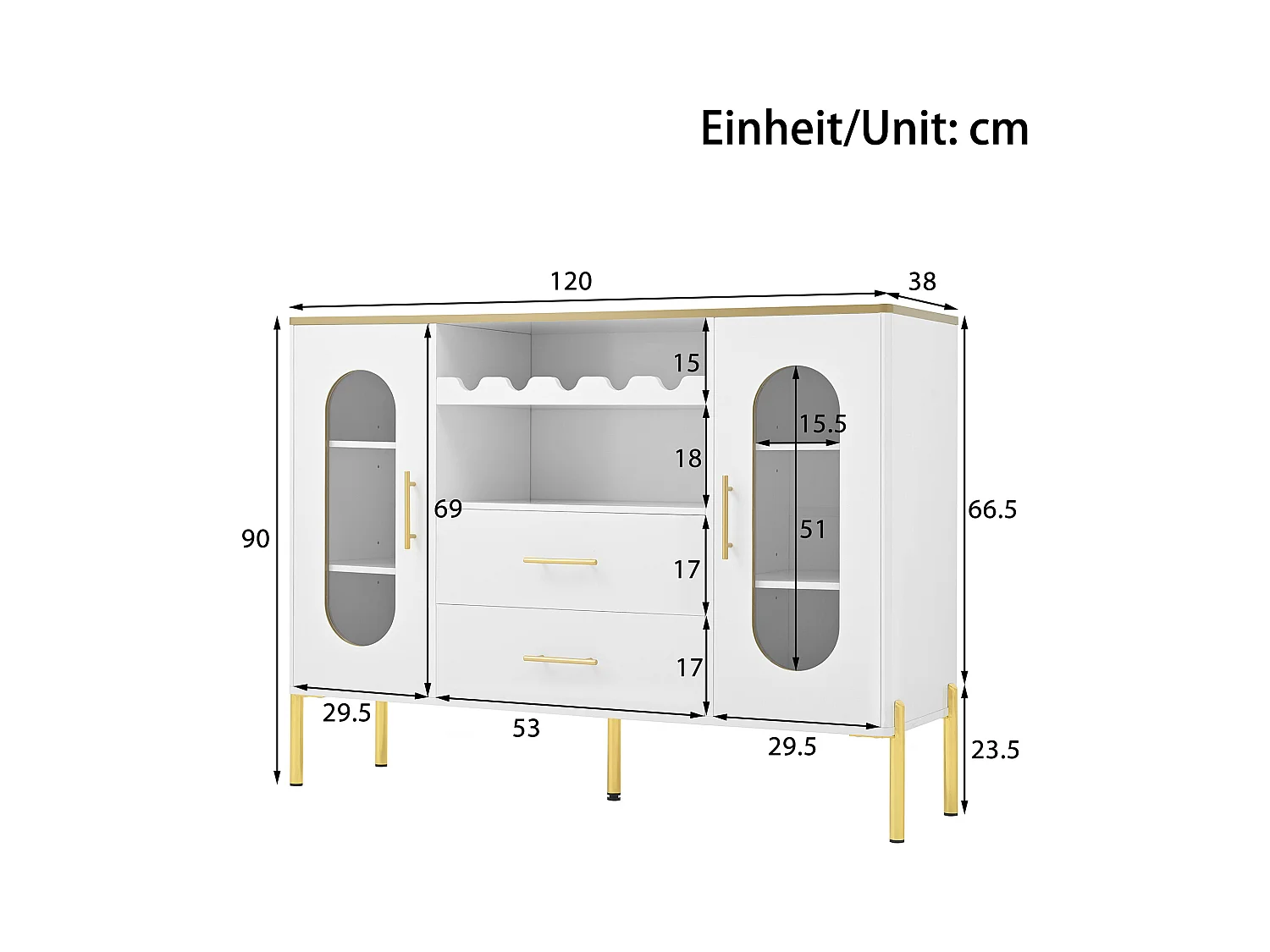 Buffet élégant avec 2 tiroirs & 2 portes vitrées, design moderne, MDF, blanc avec accents dorés (120x38x90 cm)