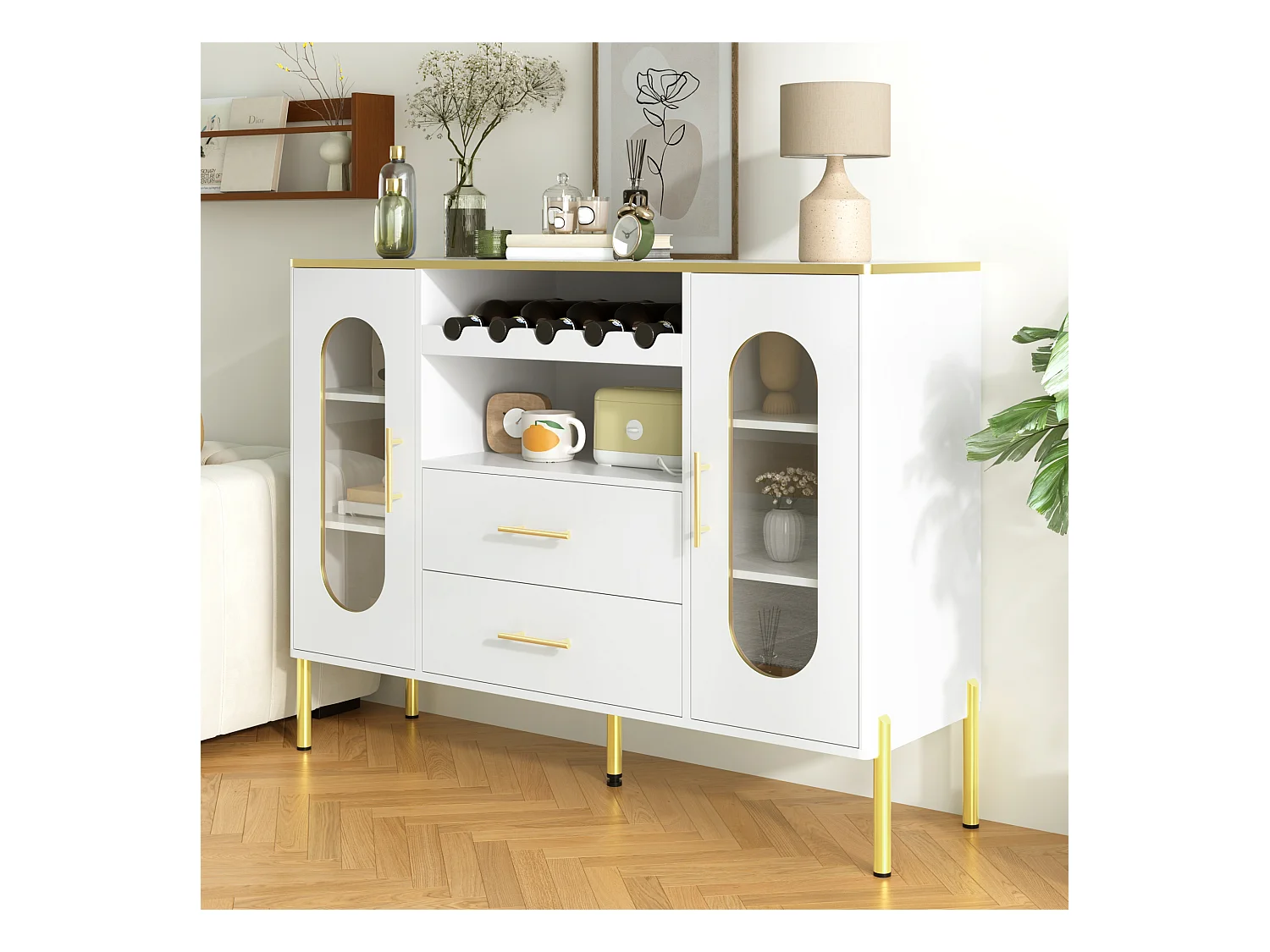 Buffet élégant avec 2 tiroirs & 2 portes vitrées, design moderne, MDF, blanc avec accents dorés (120x38x90 cm)