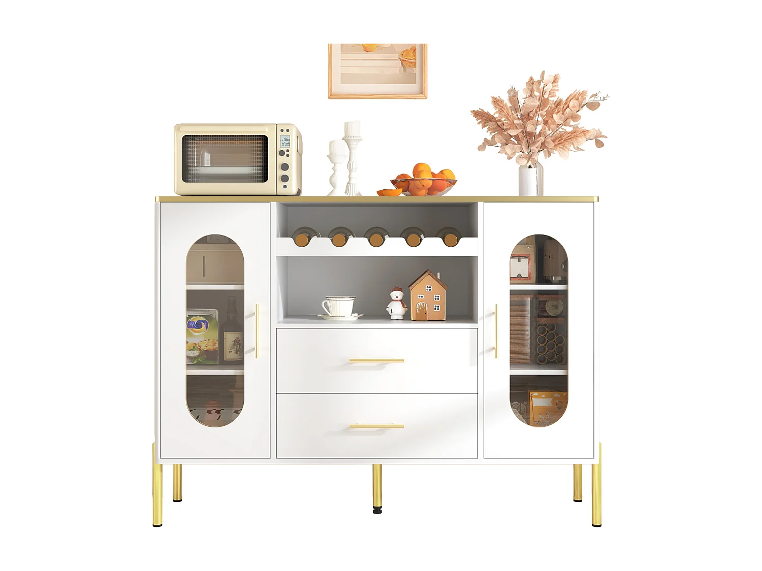 Buffet élégant avec 2 tiroirs & 2 portes vitrées, design moderne, MDF, blanc avec accents dorés (120x38x90 cm)