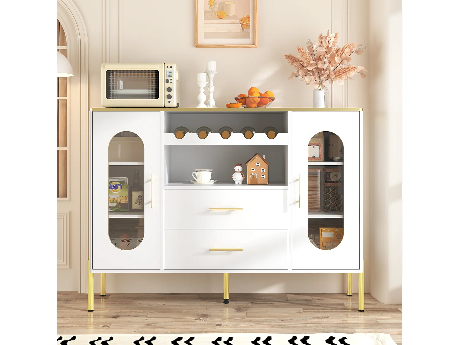 Buffet élégant avec 2 tiroirs & 2 portes vitrées, design moderne, MDF, blanc avec accents dorés (120x38x90 cm)