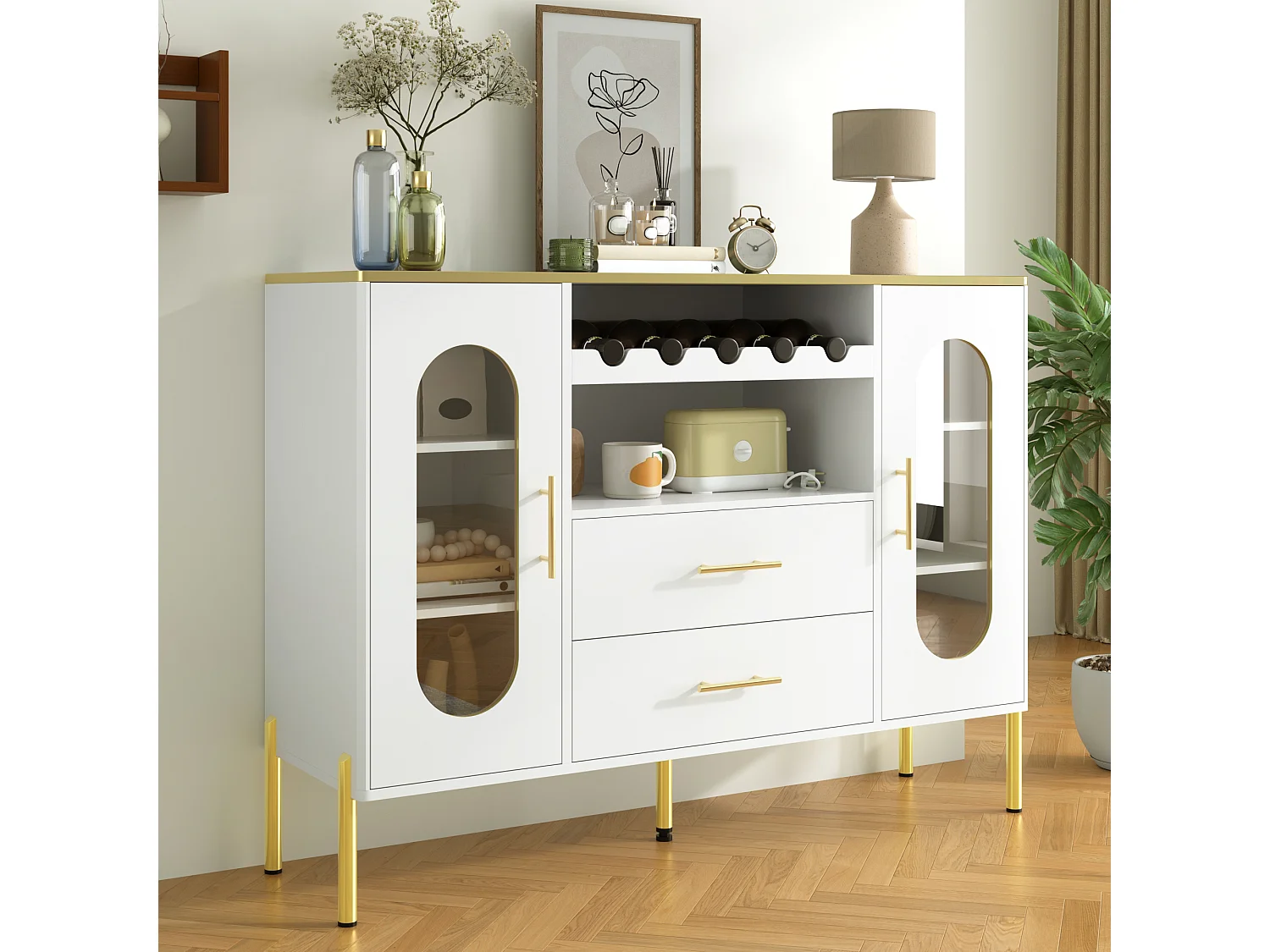 Buffet élégant avec 2 tiroirs & 2 portes vitrées, design moderne, MDF, blanc avec accents dorés (120x38x90 cm)