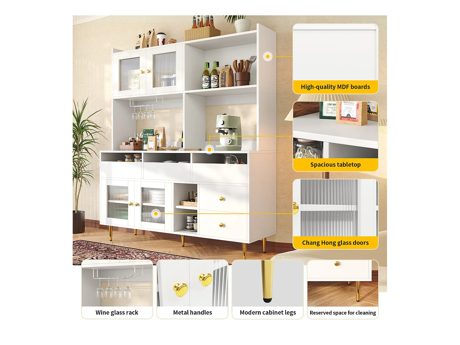 Armoire haute pour restaurant, portes en verre Changhong, porte-verre à vin, rangement multi-niveaux, MDF (145x39x171 cm)